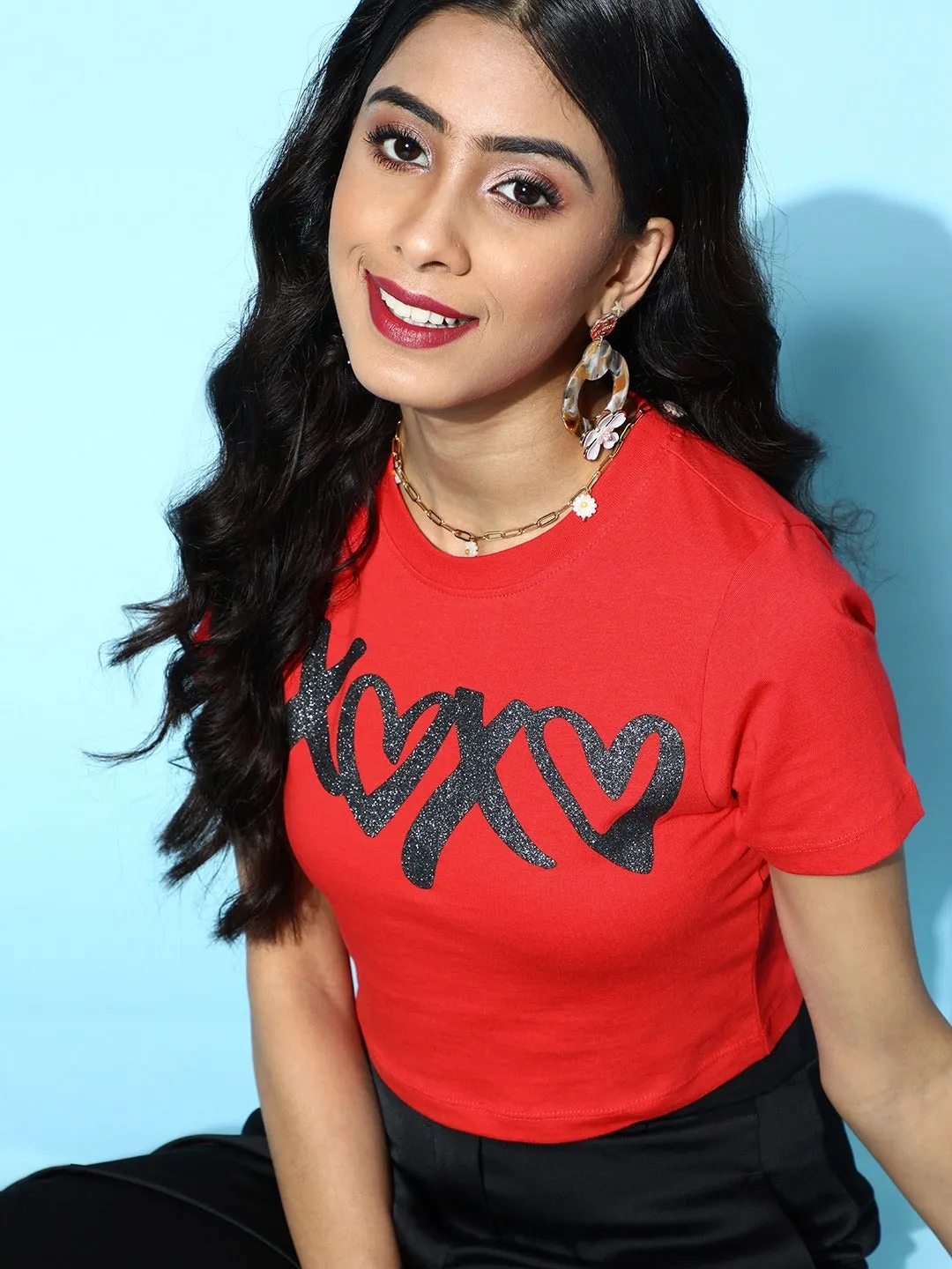 Women Red Xoxo Crop T-Shirt
