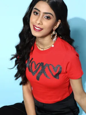 Women Red Xoxo Crop T-Shirt