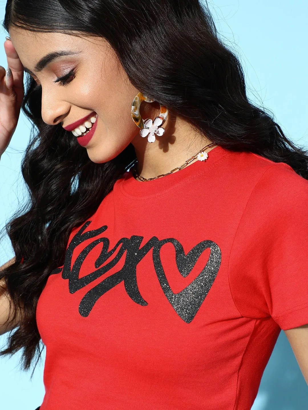 Women Red Xoxo Crop T-Shirt