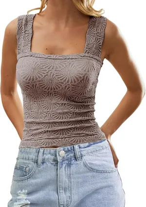 Women Square Neck Wide Strap Floral Crop Tank Top Sleeveless Lettuce Trim Solid Slim Cropped Cami Vest Tops