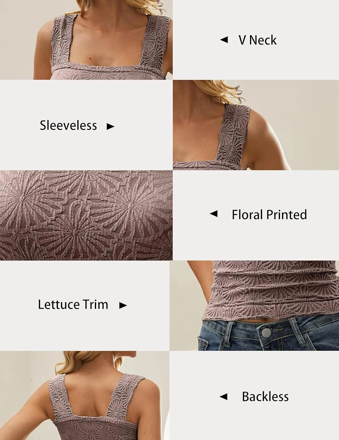 Women Square Neck Wide Strap Floral Crop Tank Top Sleeveless Lettuce Trim Solid Slim Cropped Cami Vest Tops