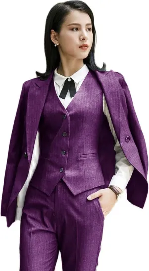 Women's 3-Piece Striped Business Slim Fit Work Wear Pointed Lapel Women Blazer   Pants   Vest