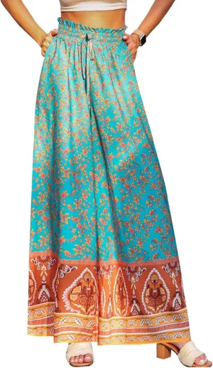 Womens Casual Wide Leg Pants Ruffle Elastic Drawstring Beach Palazzo Loose Pants Comfy Trousers with Pockets
