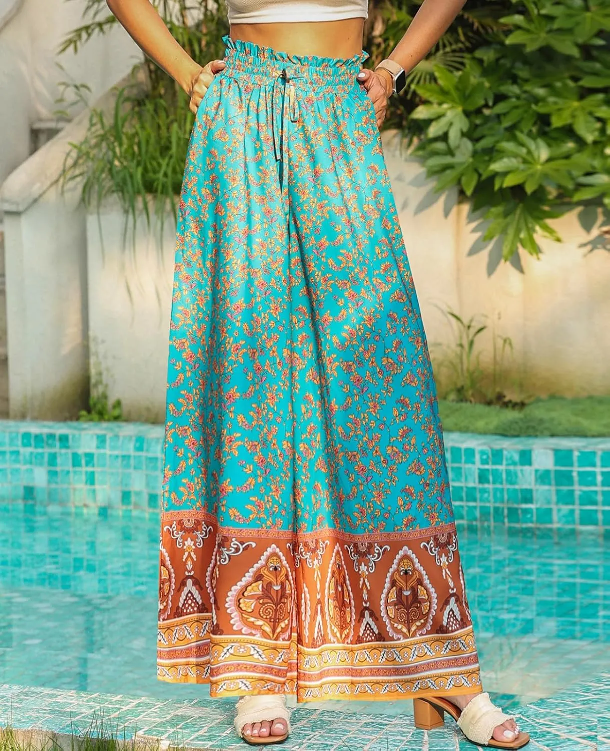 Womens Casual Wide Leg Pants Ruffle Elastic Drawstring Beach Palazzo Loose Pants Comfy Trousers with Pockets