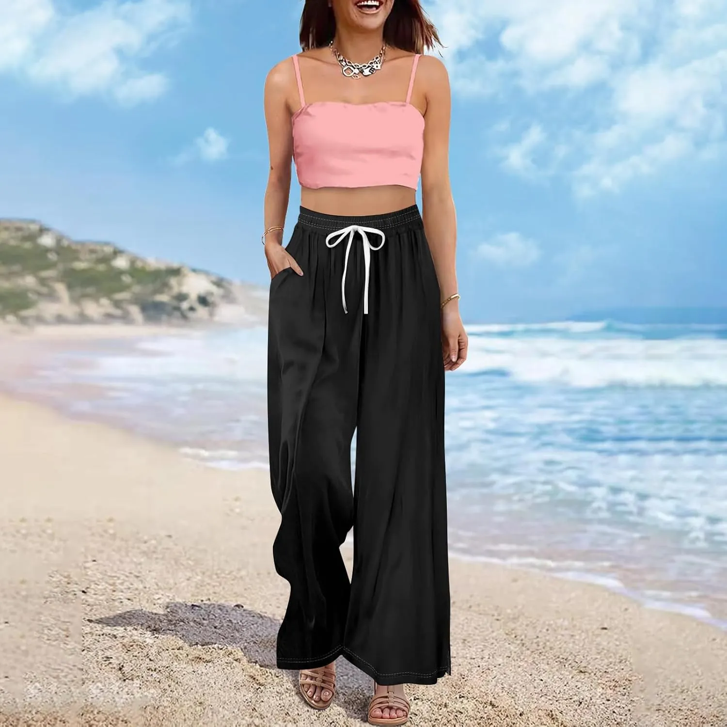 Women's Palazzo Pants Dressy Casual Wide Leg Slacks Elastic Waist with Pockets Lounge Flowy Pants