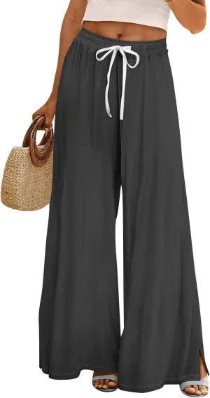 Women's Palazzo Pants Dressy Casual Wide Leg Slacks Elastic Waist with Pockets Lounge Flowy Pants