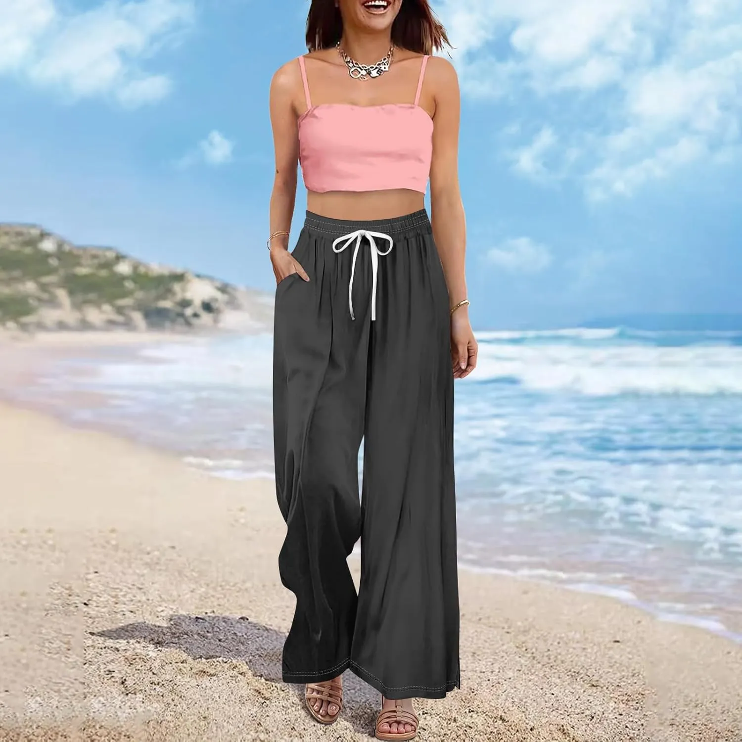 Women's Palazzo Pants Dressy Casual Wide Leg Slacks Elastic Waist with Pockets Lounge Flowy Pants