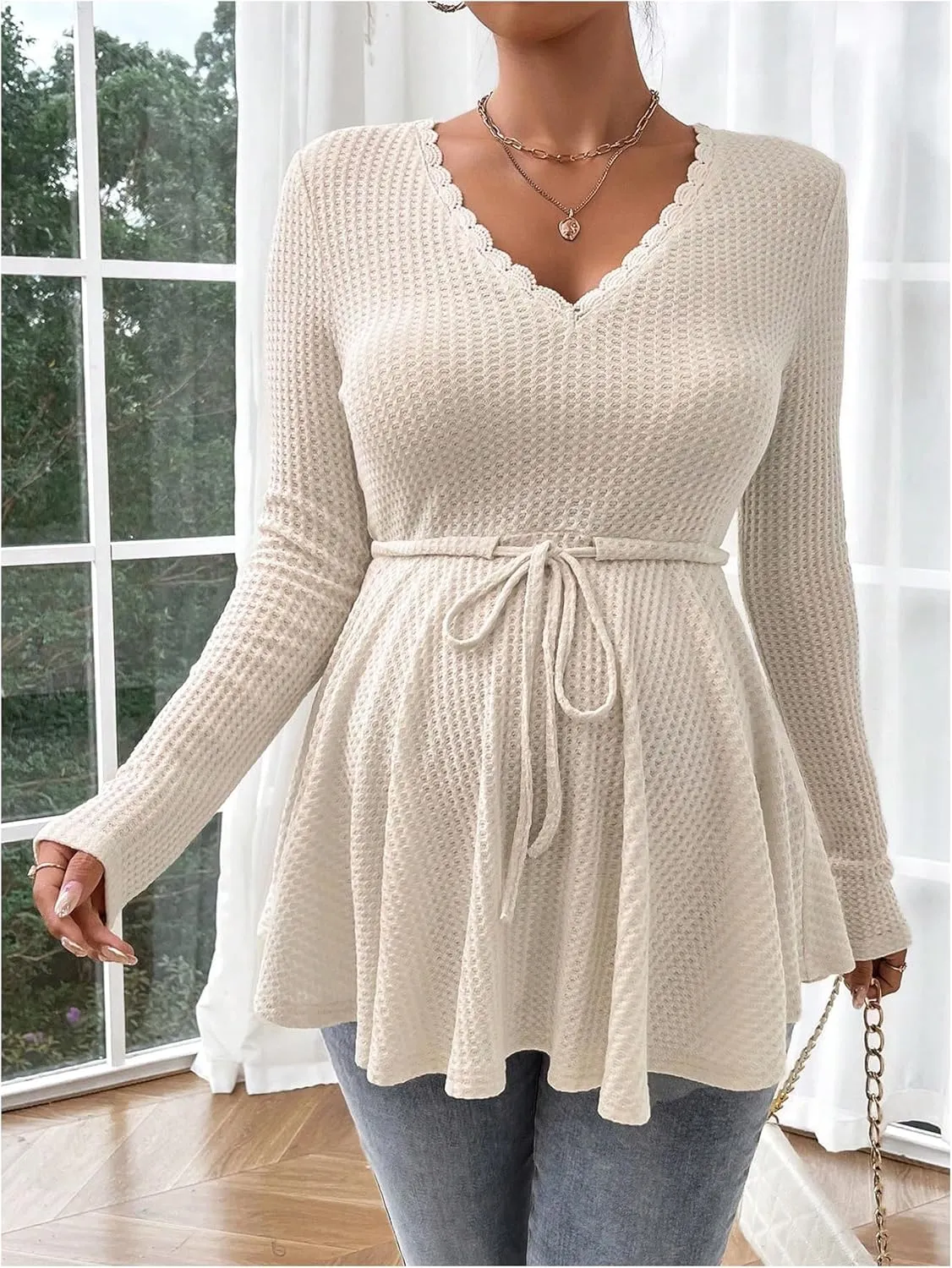 Women's Waffle Knit Belted Maternity Tee Tops Ruffle Hem Long Sleeve V Neck Lace T Shirts