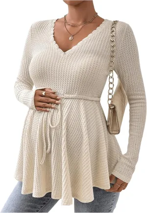 Women's Waffle Knit Belted Maternity Tee Tops Ruffle Hem Long Sleeve V Neck Lace T Shirts