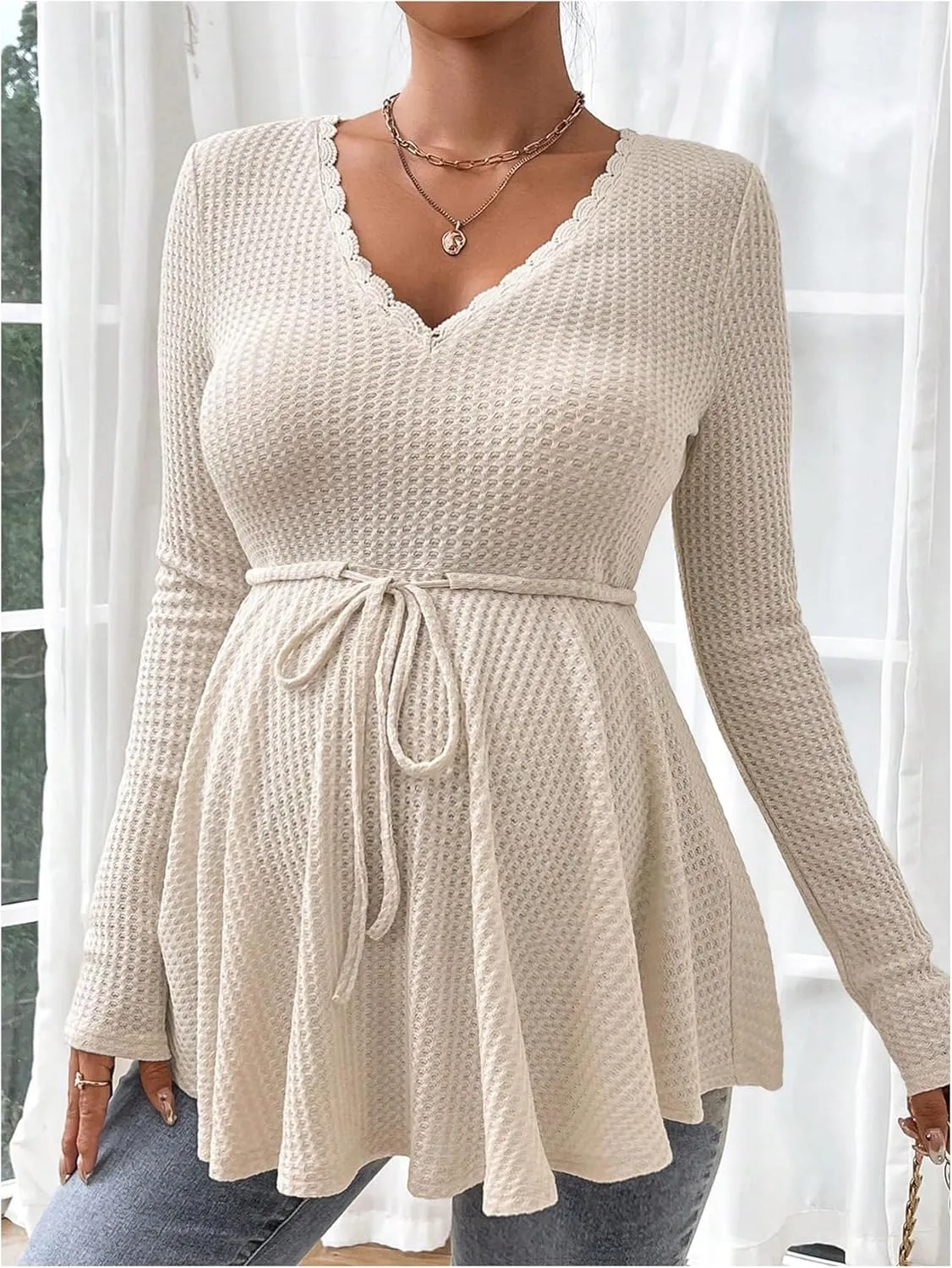 Women's Waffle Knit Belted Maternity Tee Tops Ruffle Hem Long Sleeve V Neck Lace T Shirts
