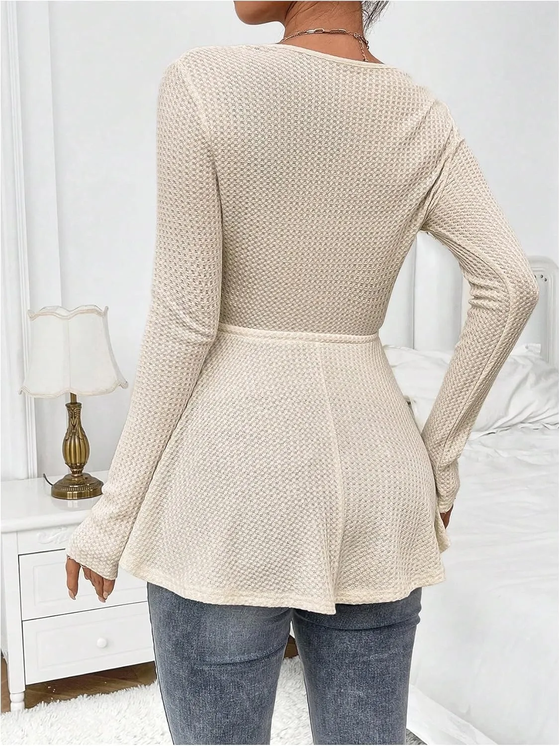 Women's Waffle Knit Belted Maternity Tee Tops Ruffle Hem Long Sleeve V Neck Lace T Shirts