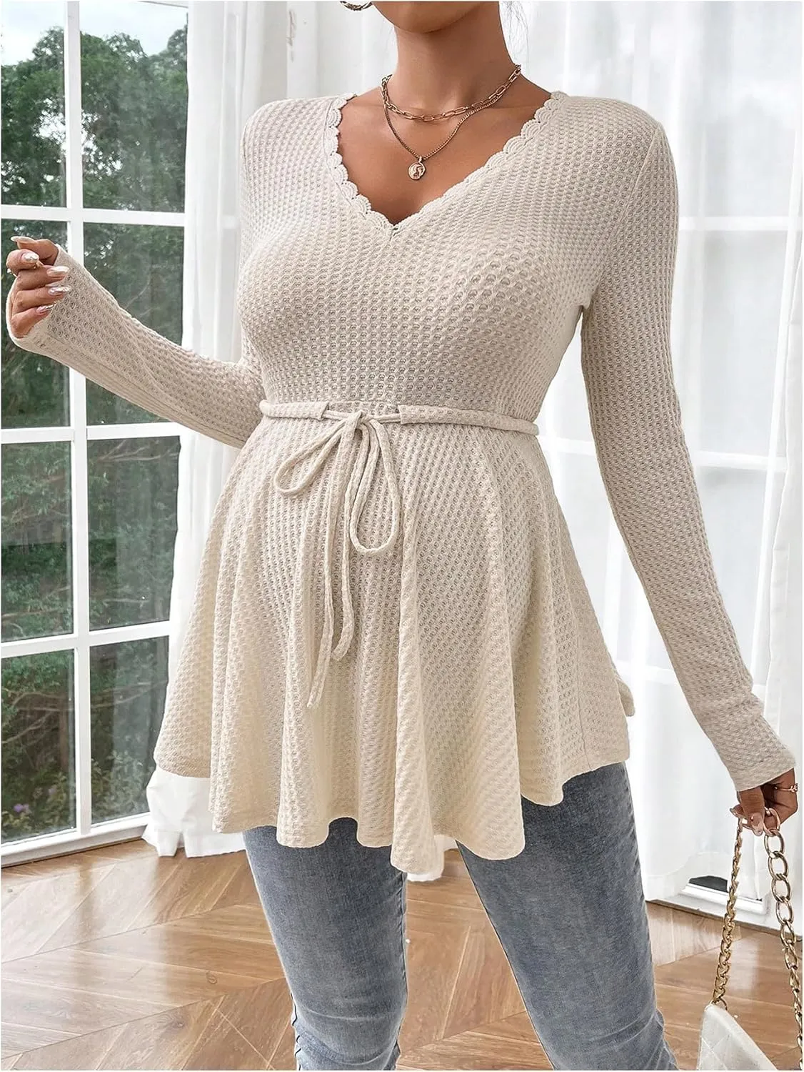 Women's Waffle Knit Belted Maternity Tee Tops Ruffle Hem Long Sleeve V Neck Lace T Shirts