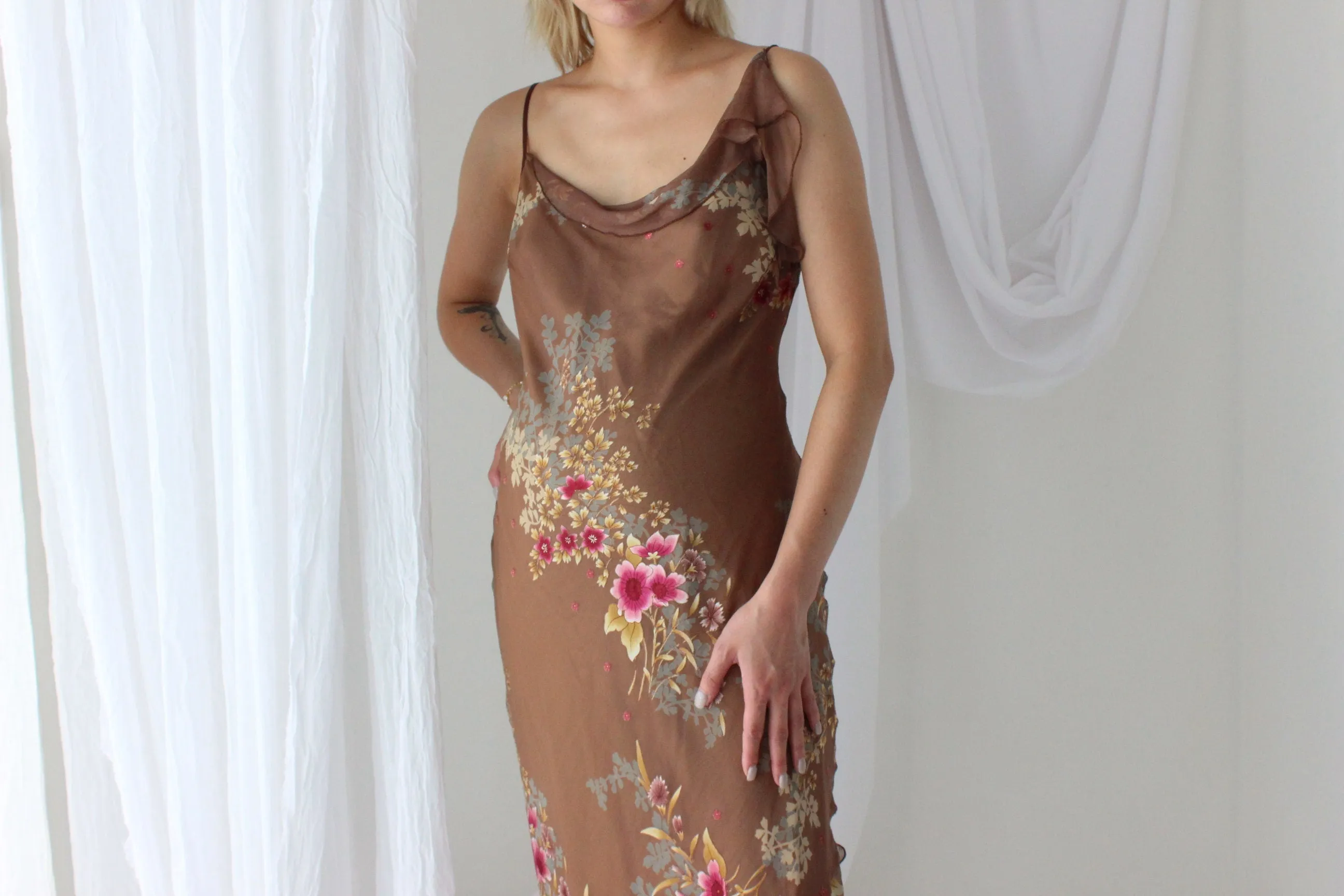 Y2K Caramel Silk Floral Asymmetric Carrie Dress