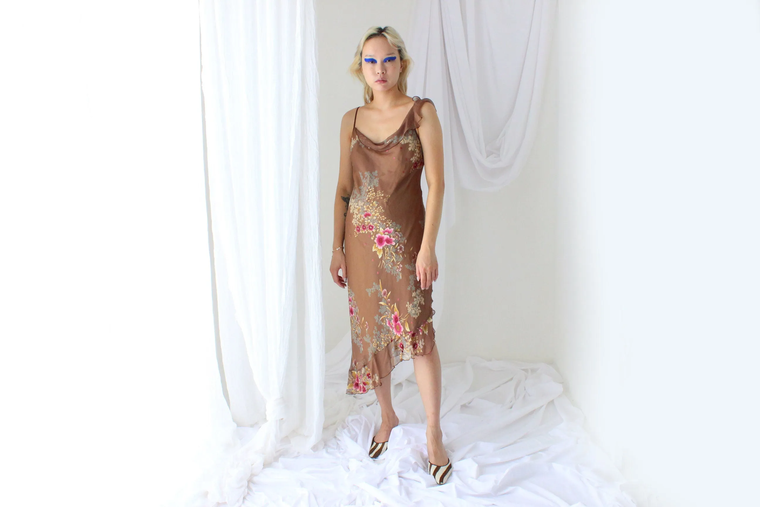 Y2K Caramel Silk Floral Asymmetric Carrie Dress