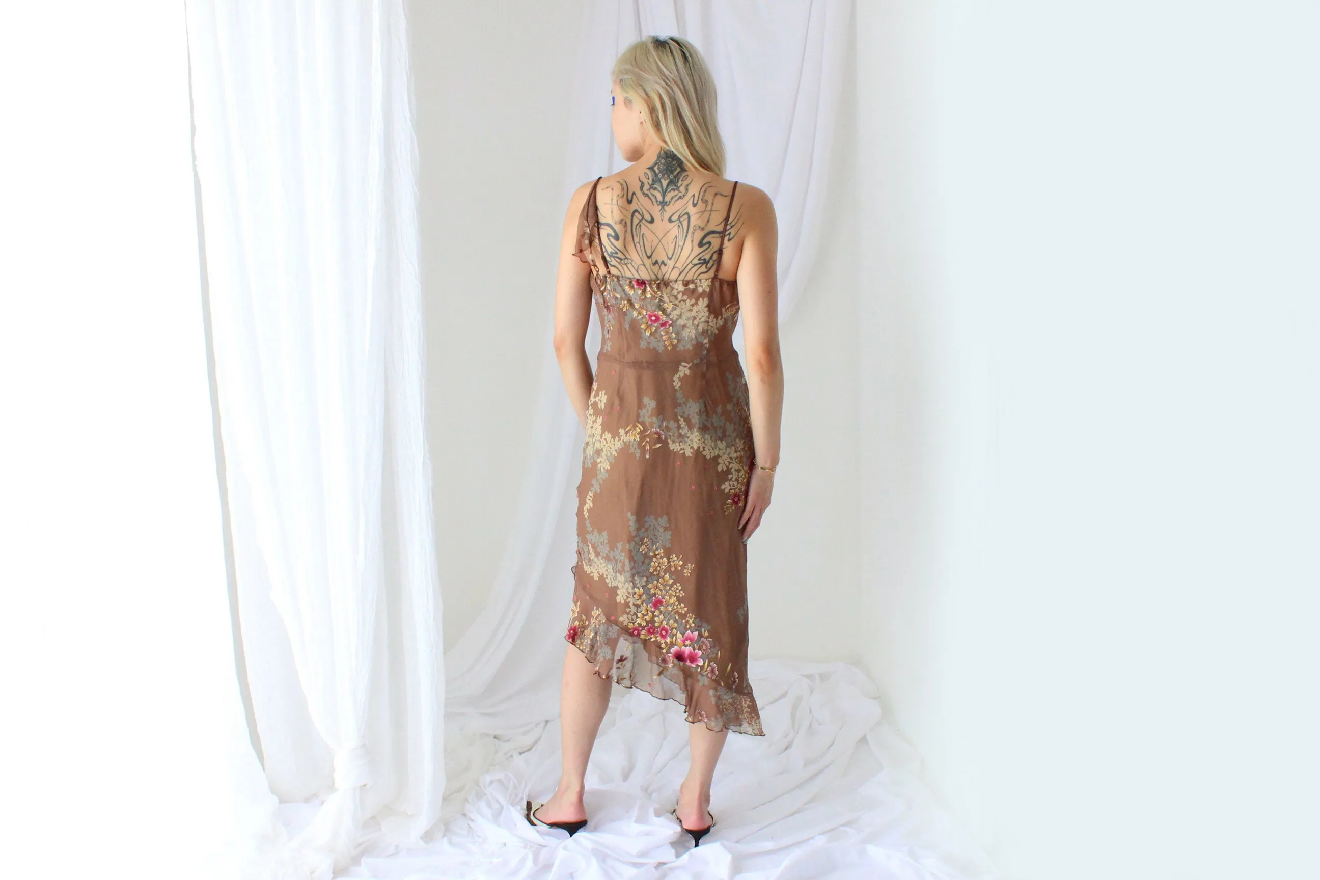Y2K Caramel Silk Floral Asymmetric Carrie Dress