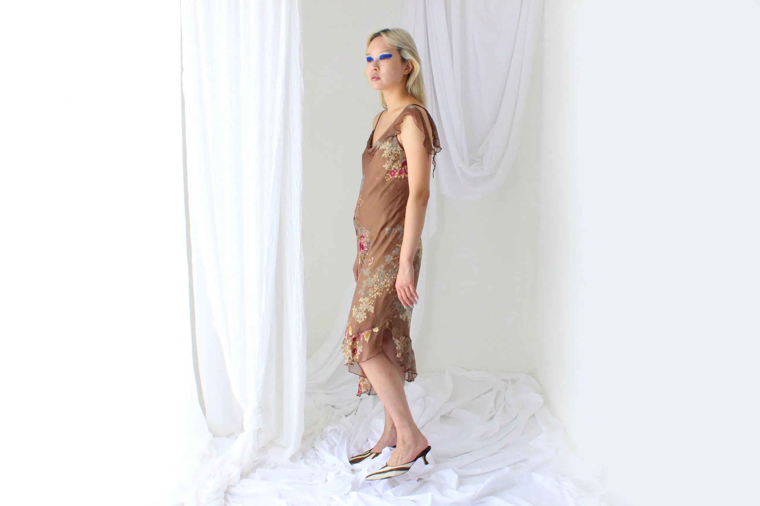 Y2K Caramel Silk Floral Asymmetric Carrie Dress
