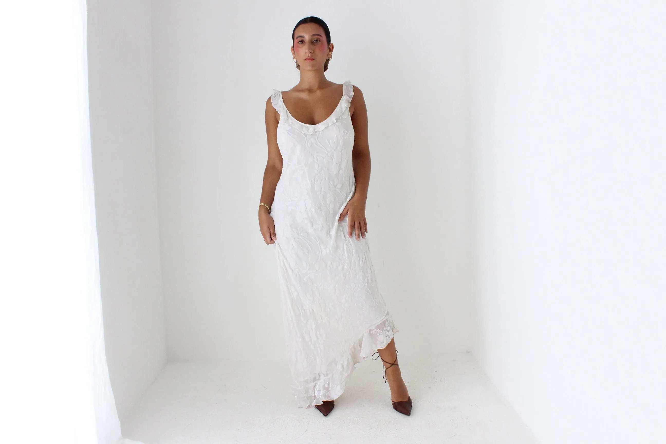 Y2K PURE SILK Ivory Velvet Burnout Bias Cut Ruffle Dress