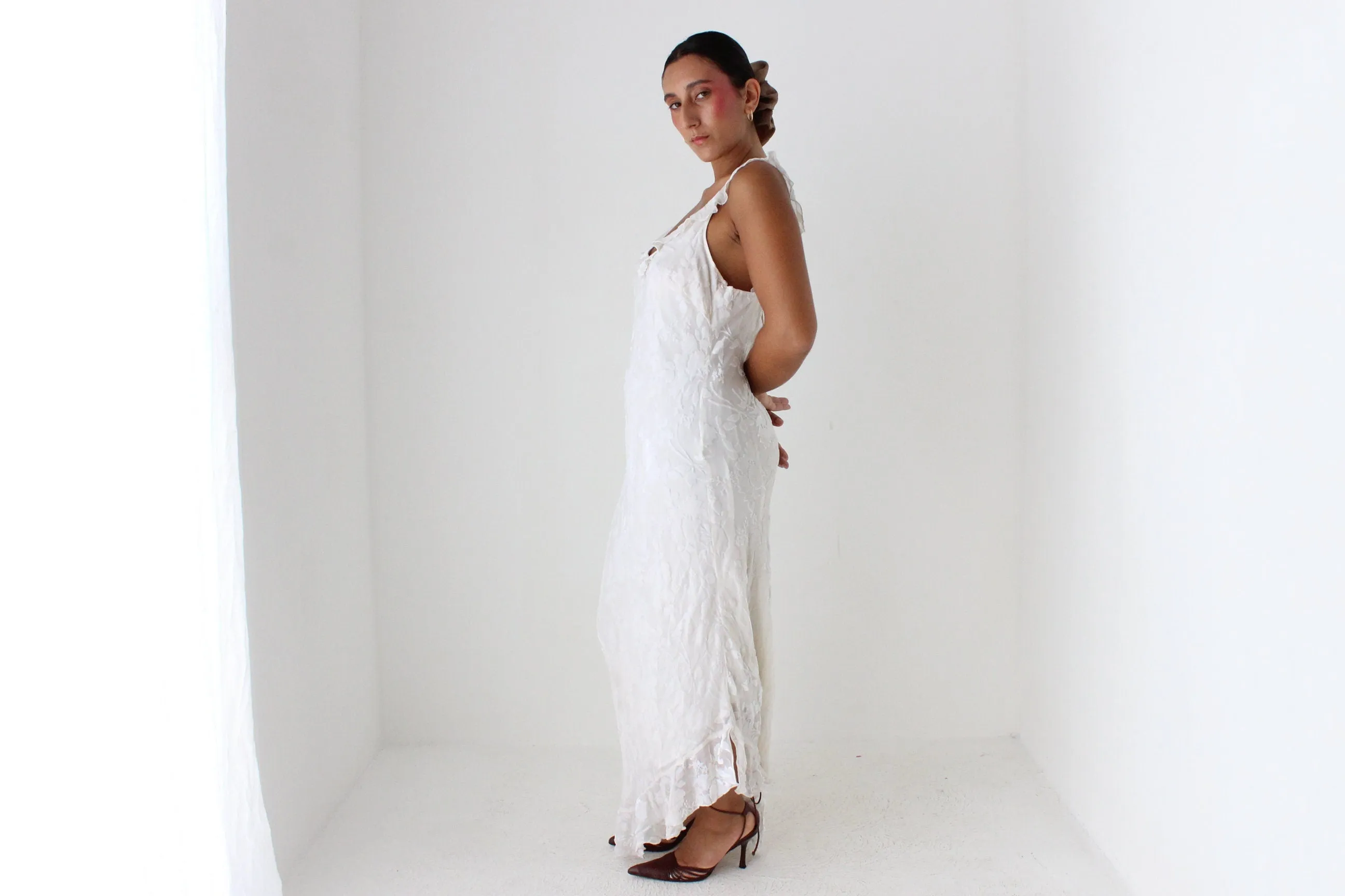 Y2K PURE SILK Ivory Velvet Burnout Bias Cut Ruffle Dress