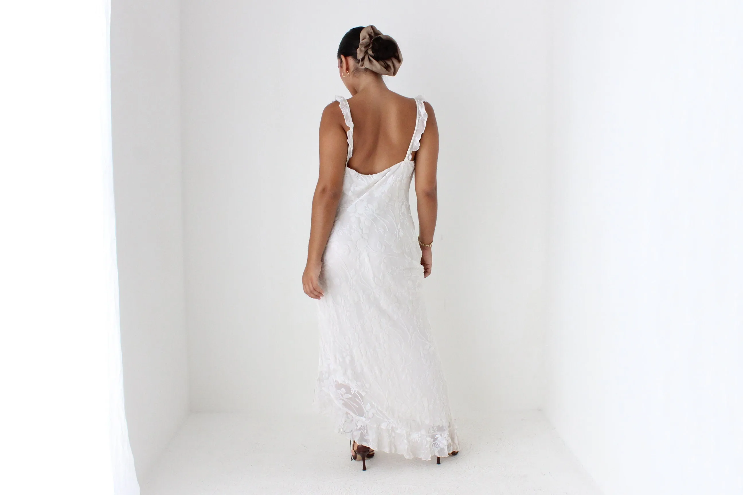 Y2K PURE SILK Ivory Velvet Burnout Bias Cut Ruffle Dress