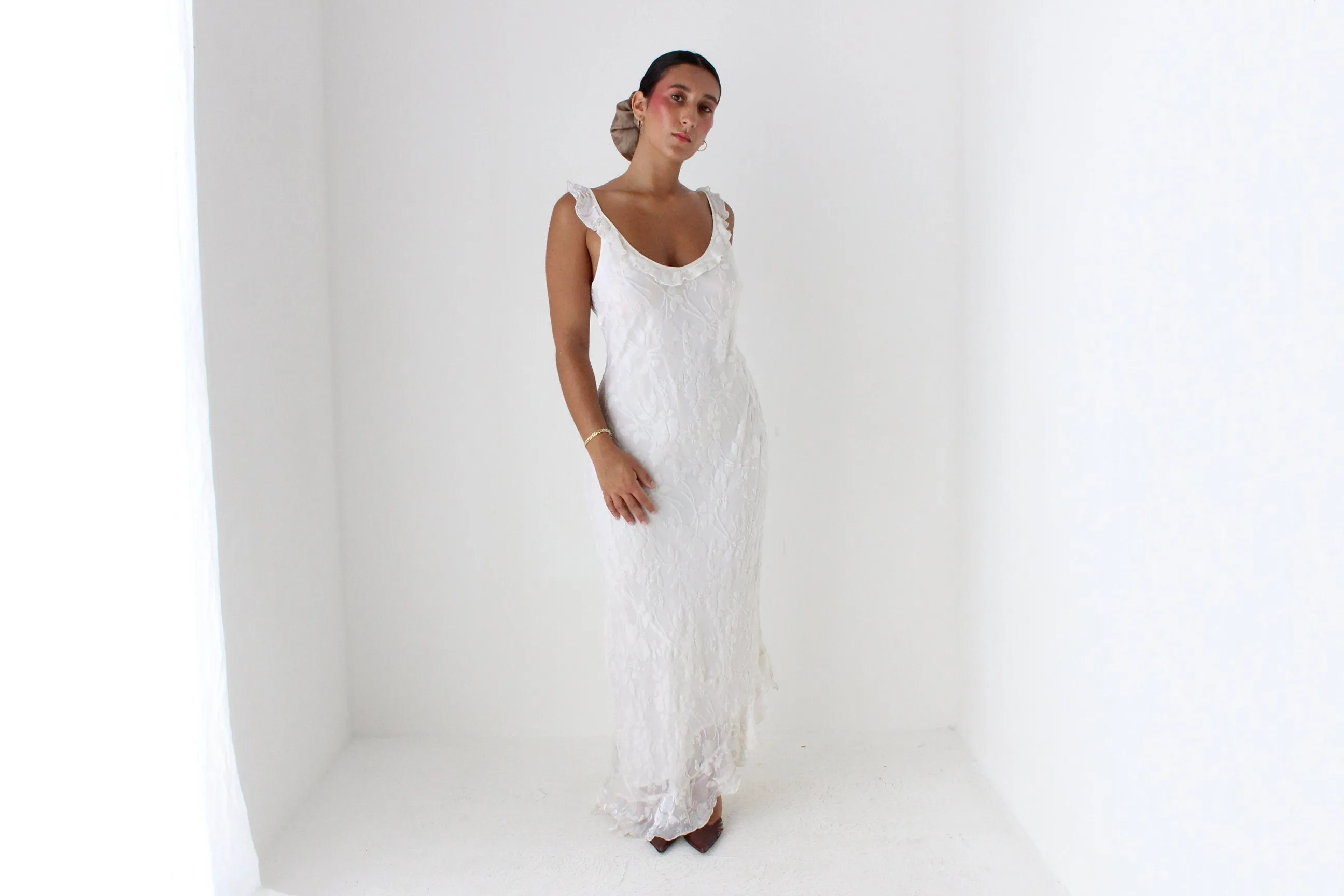 Y2K PURE SILK Ivory Velvet Burnout Bias Cut Ruffle Dress