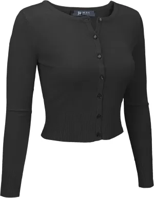 YEMAK Women's Cropped Cardigan Sweater  Long Sleeve Crewneck Basic Classic Casual Button Down Knit Soft Lightweight Top
