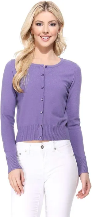YEMAK Women's Cropped Cardigan Sweater  Long Sleeve Crewneck Basic Classic Casual Button Down Knit Soft Lightweight Top