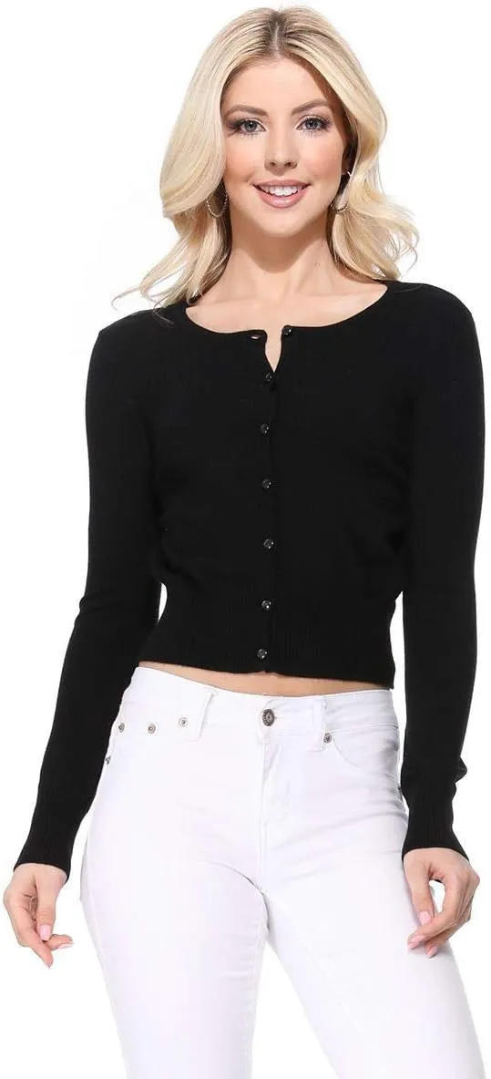 YEMAK Women's Cropped Cardigan Sweater  Long Sleeve Crewneck Basic Classic Casual Button Down Knit Soft Lightweight Top