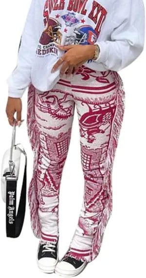 Yeshire Women's Hippie Tassel Pattern Printing Elastic Pants Folk Style Pants Party Music Festival Wear