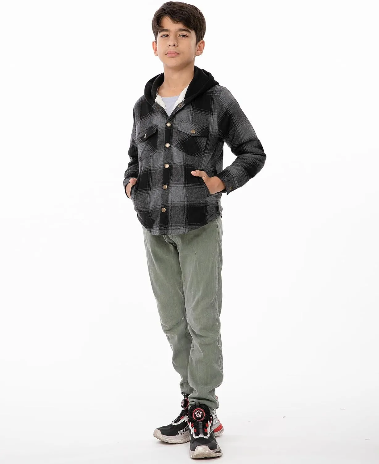 ZENTHACE Kids Boys Girls Sherpa Lined Flannel Shacket Jacket,Hooded Plaid Snap Shirt,Fall Winter Playwear