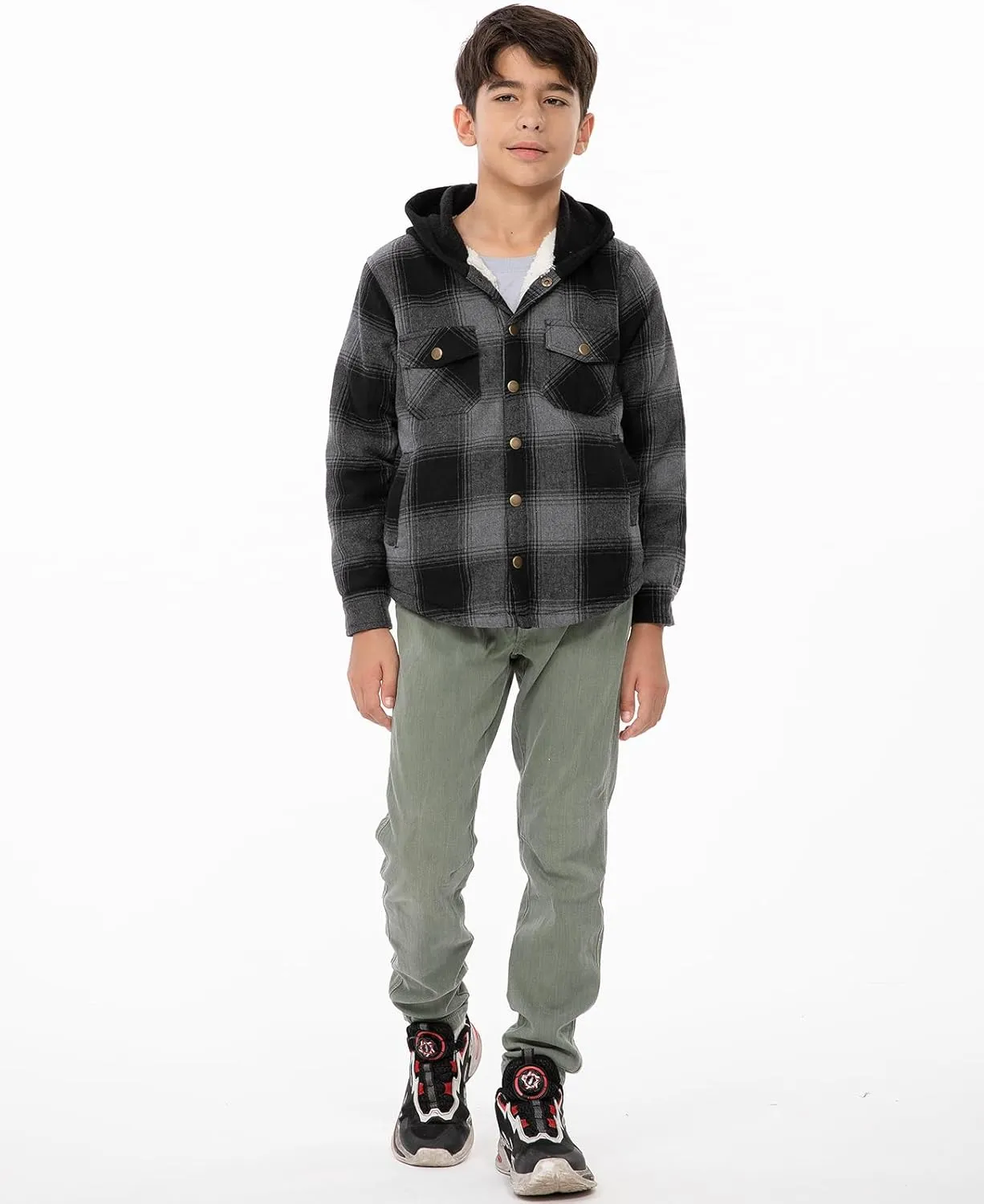 ZENTHACE Kids Boys Girls Sherpa Lined Flannel Shacket Jacket,Hooded Plaid Snap Shirt,Fall Winter Playwear