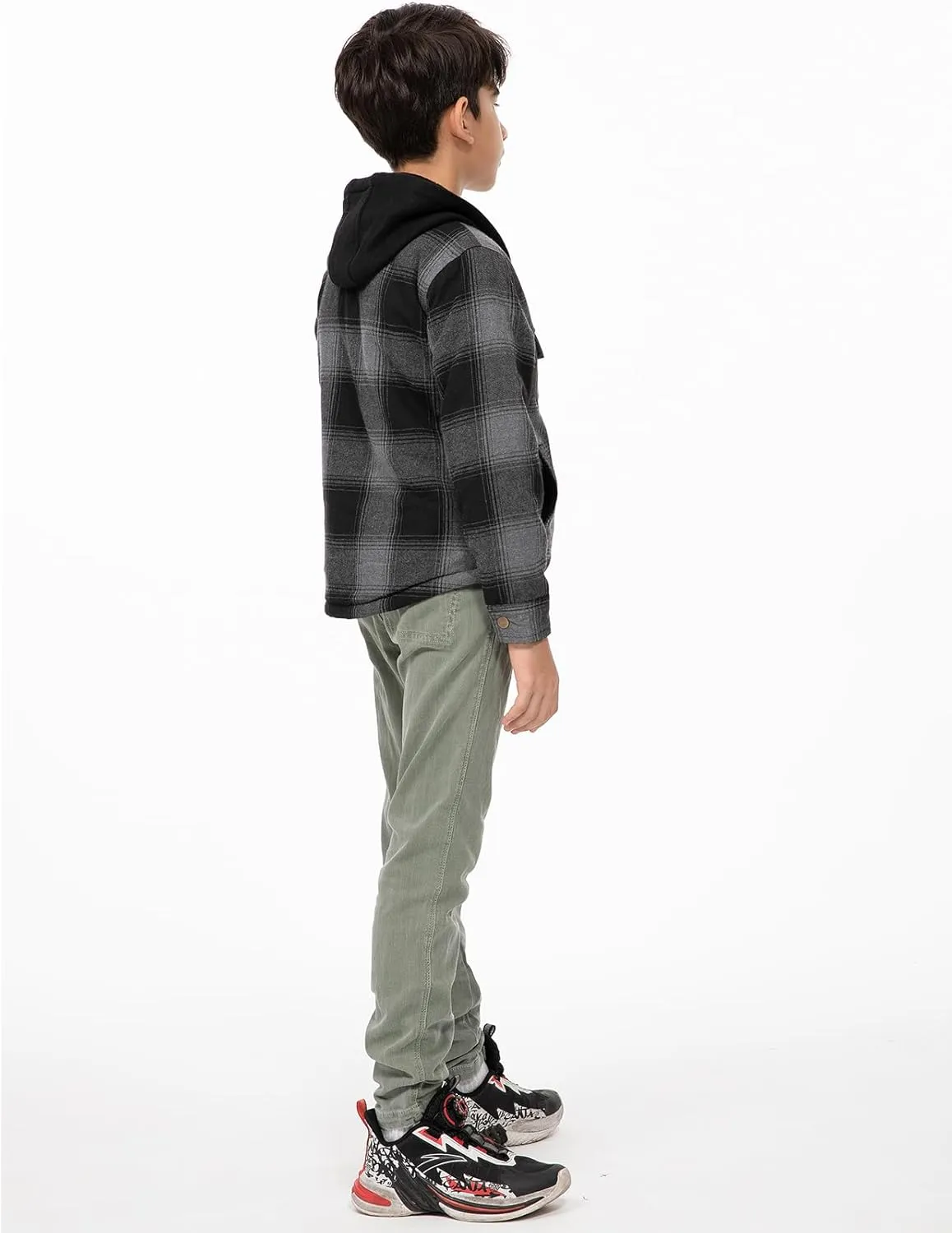 ZENTHACE Kids Boys Girls Sherpa Lined Flannel Shacket Jacket,Hooded Plaid Snap Shirt,Fall Winter Playwear