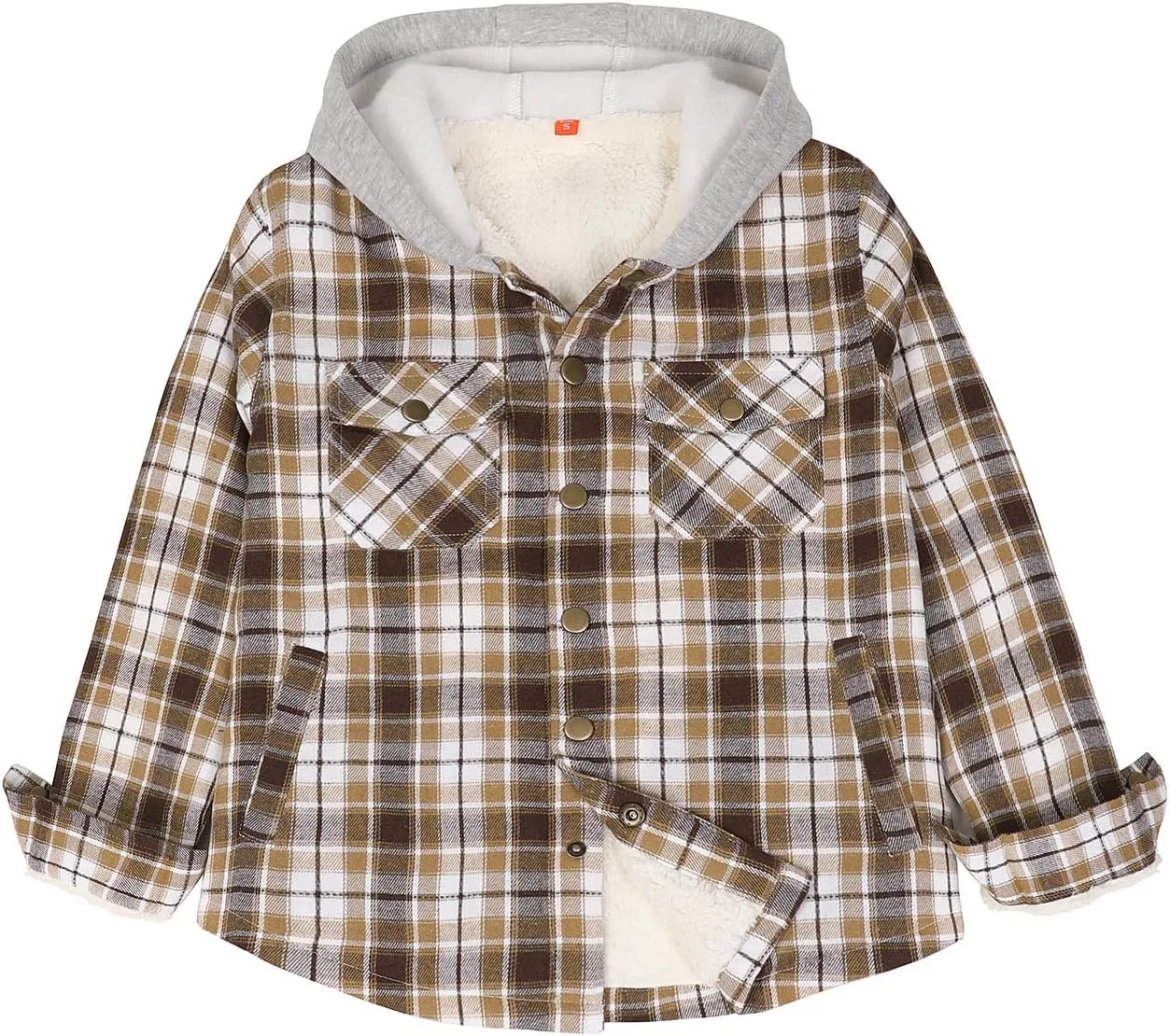 ZENTHACE Kids Boys Girls Sherpa Lined Flannel Shacket Jacket,Hooded Plaid Snap Shirt,Fall Winter Playwear