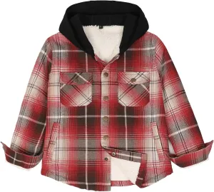 ZENTHACE Kids Boys Girls Sherpa Lined Flannel Shacket Jacket,Hooded Plaid Snap Shirt,Fall Winter Playwear