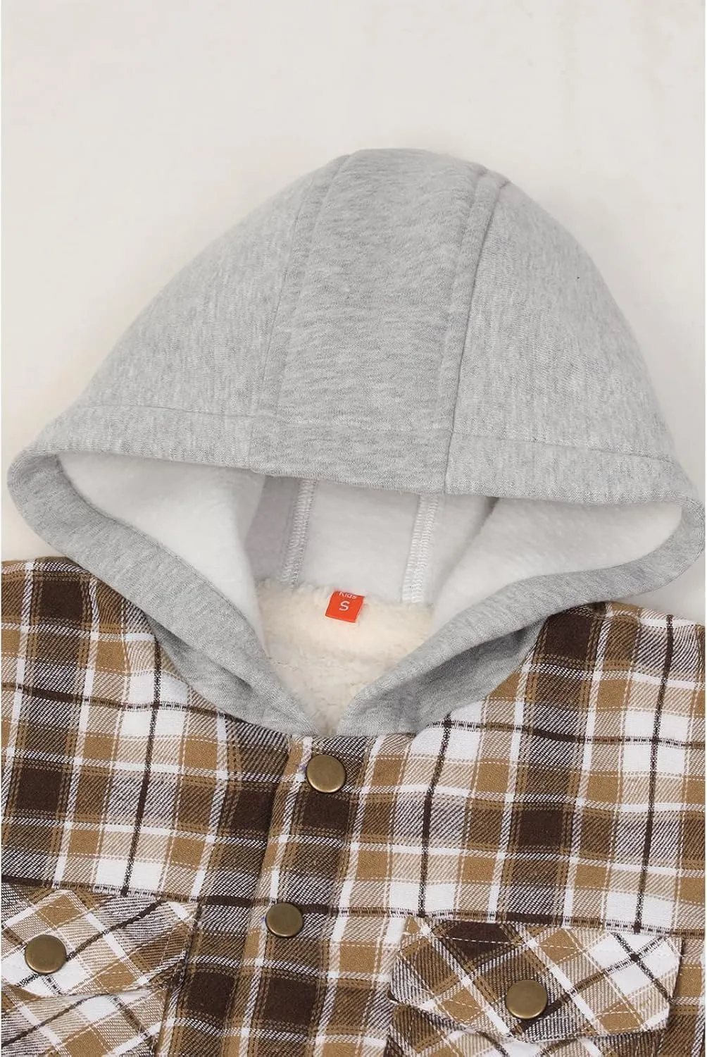 ZENTHACE Kids Boys Girls Sherpa Lined Flannel Shacket Jacket,Hooded Plaid Snap Shirt,Fall Winter Playwear